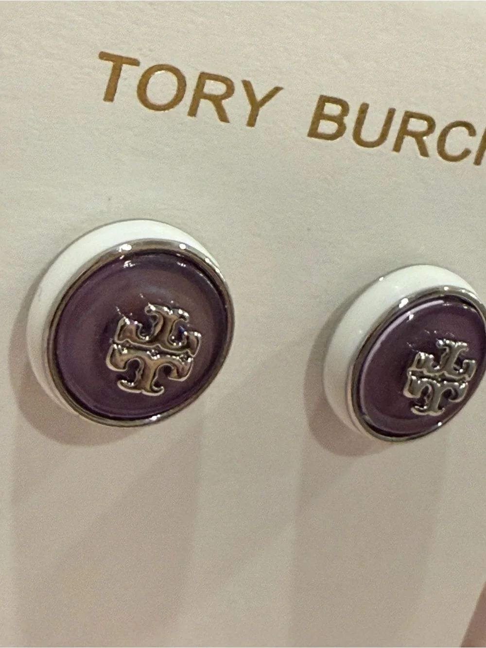 Tory Burch | Silver Tone & Purple Enamel Icon Logo Button Earrings | X-Small